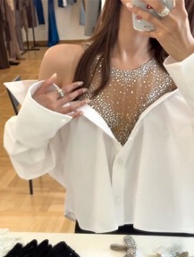 小众设计感 时尚百搭拼接网纱V领闪钻露肩白色长袖衬衫女上衣早秋|undefined