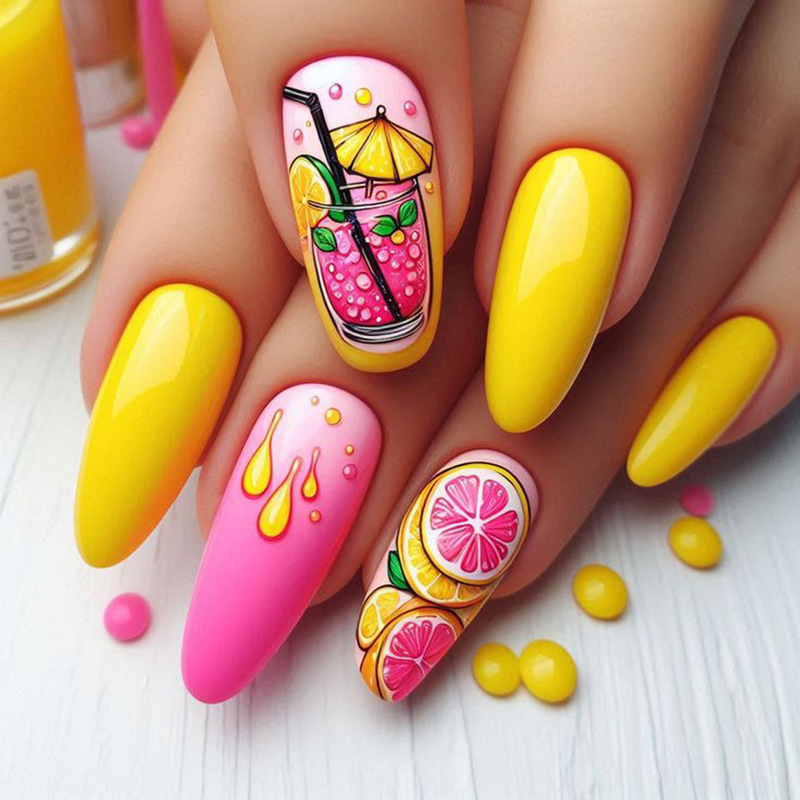 European and American Style Fake Nail Patches, Summer Hot-Selling Wearable Nails, Energetic Fruit-Themed Nail Patches, 24 Pieces Finished Product