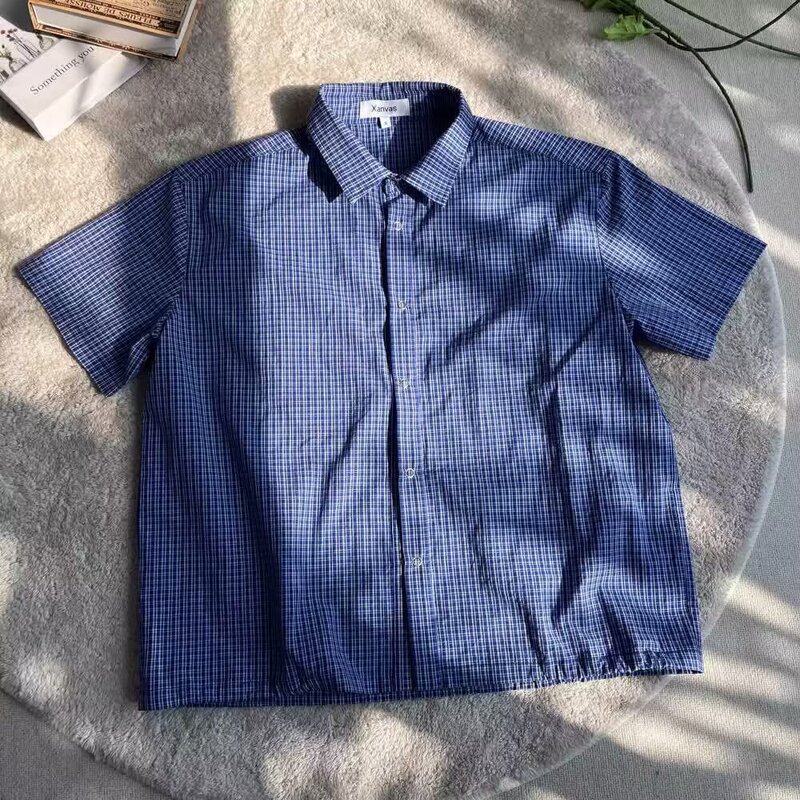 Blue Drawstring Plaid Short-Sleeved Shirt Men's Summer Design Plaid Shirt Miu Style Jacket