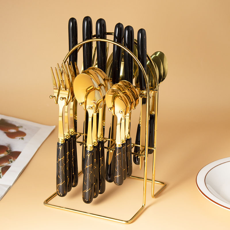 Cuchillo de acero inoxidable transfronterizo, tenedor y cuchara jaspeado cuchillo de carne restaurante del hotel cuchara tenedor mango de cerámica caja de regalo de 24 piezas