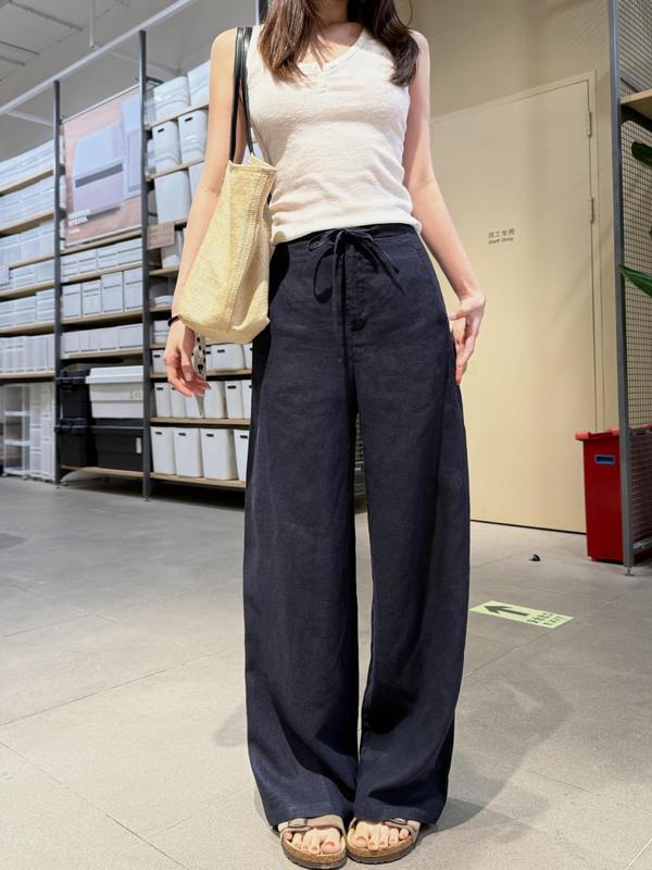 白色亚麻窄版阔腿裤女2025夏季新薄款高腰显瘦宽松透气拖地长裤子|undefined