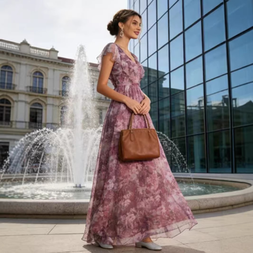 Women V Neck Floral Print Mesh Ruffle Hem A Line Big Swing Party Dress Bridesmaid Dress Prom Evening Gown_ecoleips.com