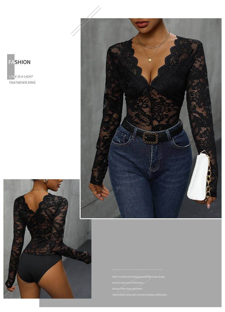 Body intero con scollo a V sexy e popolare in pizzo_voghion.com