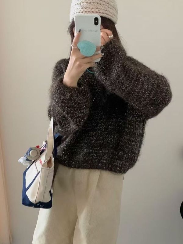 韩系专柜品质圆领纯色高级感慵懒风宽松显瘦长袖短款针织毛衣女|undefined