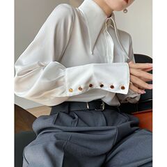 法式气质缎面衬衫女长袖春秋别致垂感衬衣小众设计感高级尖领上衣
