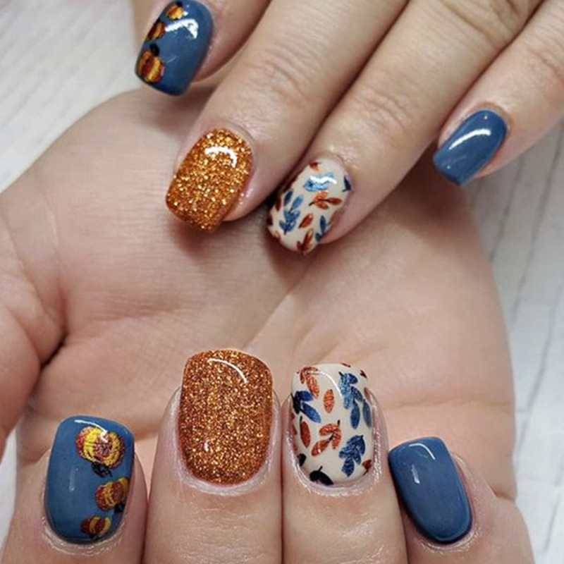 Cross-border Pumpkin Leaves Thanksgiving Day Europe and America Wear Armor ins Wind Nail Art Pieces Removable Fake Nail Pieces Wholesale