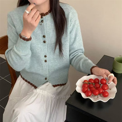 韩系温柔风拼色花边圆领软糯针织开衫女秋冬新款气质宽松毛衣外套