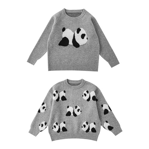 Wulibu Yi Children's Panda Embroidered Round Neck Knitted Sweater Casual Top 2024 New Boys' Sweater Trend
