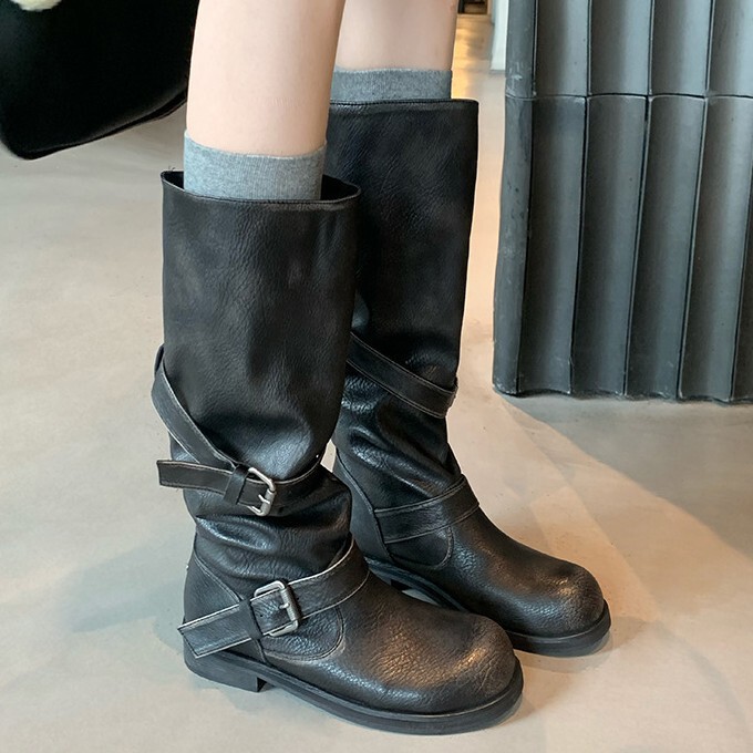 Grape Mom's New Autumn and Winter Wide-Calf, Round-Toe, Thick-Heeled, Thick-Soled, Mid-Length Versatile Riding Boots for Women