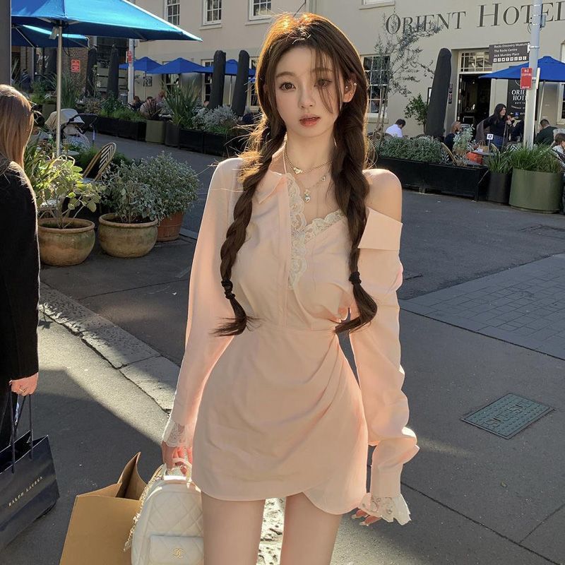 Sweet Long-Sleeved Autumn Short Skirt, Slim Dress, Shirt Skirt, Waist-Cinching Lace, Off-Shoulder Lapel, Slimming French Style