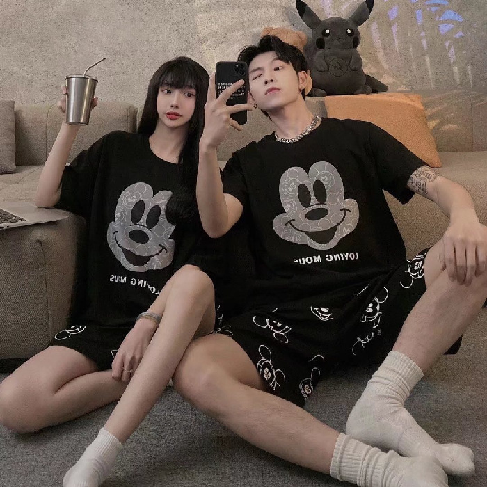 2024 Summer Pajamas Men's and Women's Short-sleeved Black Flower Grey Mickey Face Cartoon Prellis Pants Thin Home Clothes Set for Hair
