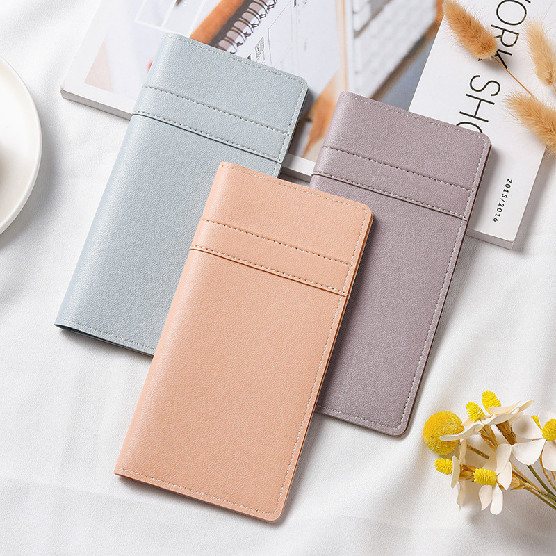 Cartera larga de color liso con diseño de patchwork para mujer, bolso de mano ligero con cierre, tarjetero con múltiples ranuras para tarjetas, cartera de cuero versátil y moderna.