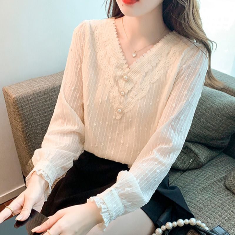 여성용 레이스 셔츠 도매, 봄철 베이스 레이어, 스타일리시하고 패셔너블한 이너웨어, 우아하고 나이를 줄여주는 시폰 셔츠, 트렌디