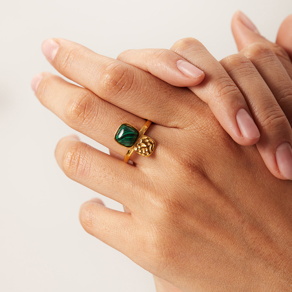 Retro Square Stainless Steel Inlay Turquoise Open Ring 1 Piece