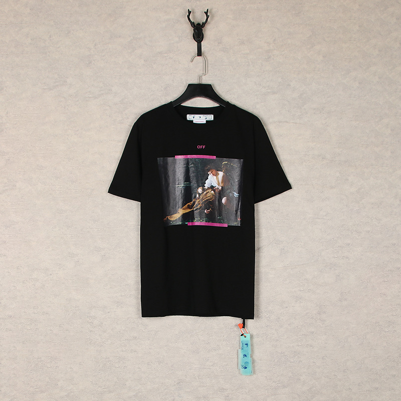 [Código europeo] versión correcta de impresión de acuarela splash tinta gradiente flecha graffiti ow marca de moda de manga corta pareja camiseta