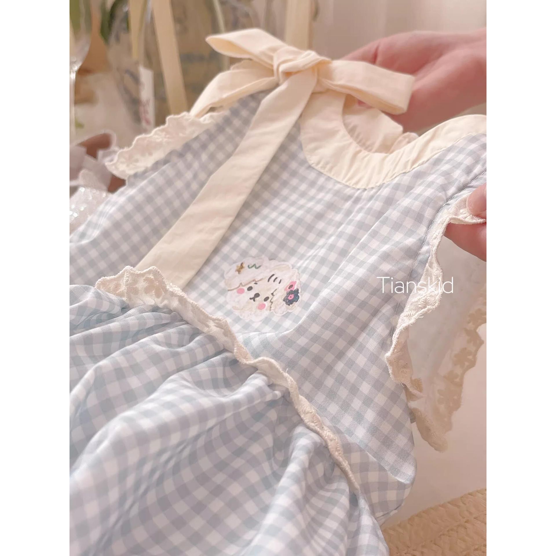 Vestido de siete niñas de limón salado verano dulce lazo azul y blanco a cuadros tesoro femenino lindo chaleco de botones vestido de princesa