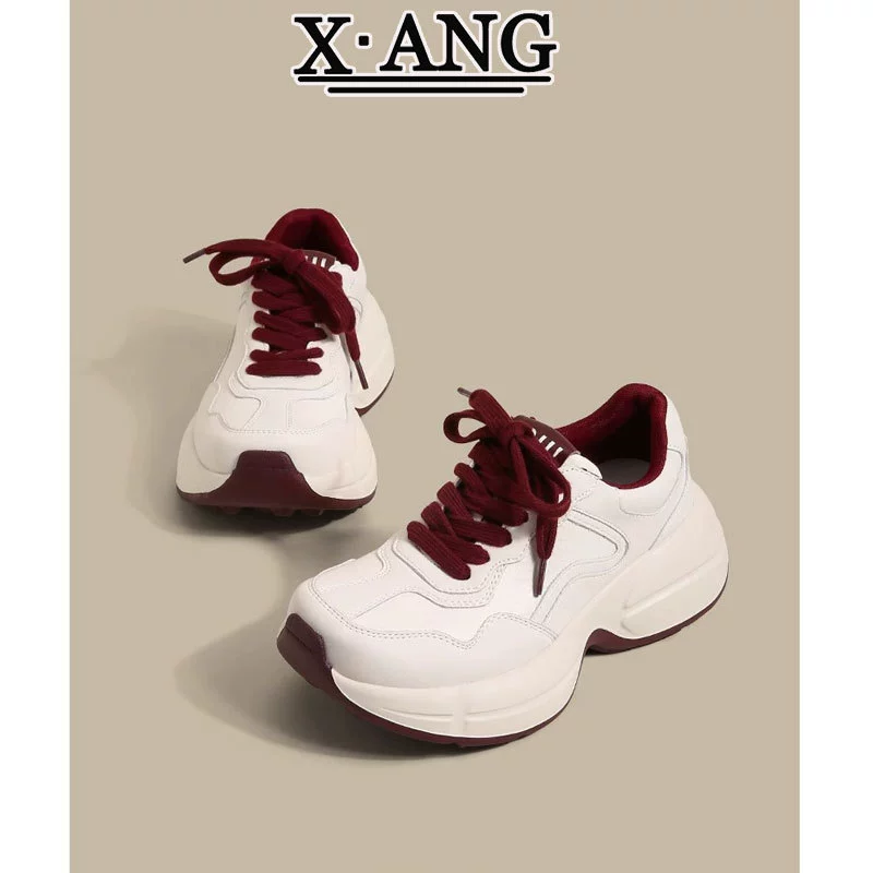 Женские кожаные кроссовки Ankora красного цвета, универсальная модель весны 2025 года, на толстой подошве, с эффектом увеличения роста, повседневные.