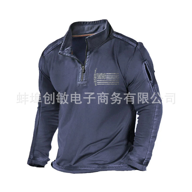 Primavera y otoño Comercio exterior más tamaño de los hombres al aire libre bolsillo con cremallera media cremallera cuello táctico de manga larga Camiseta suéter casual