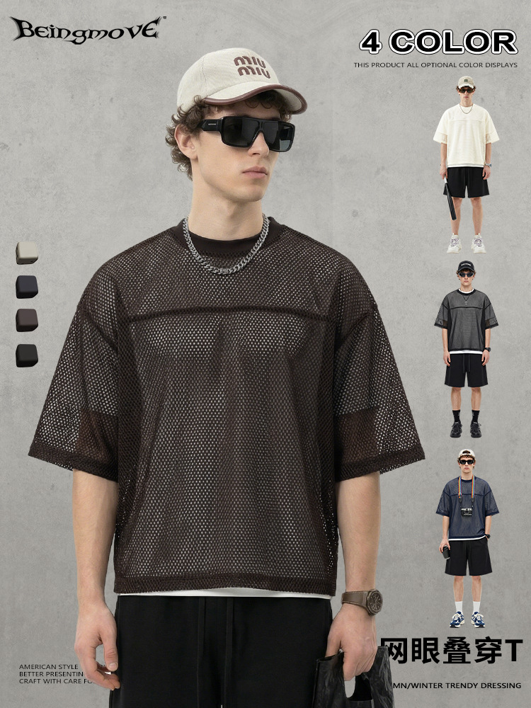 Calle secada| Ropa de hombre de verano Boxyfit malla plegable de manga corta T camiseta de cuello redondo casual europea y americana de moda para hombres