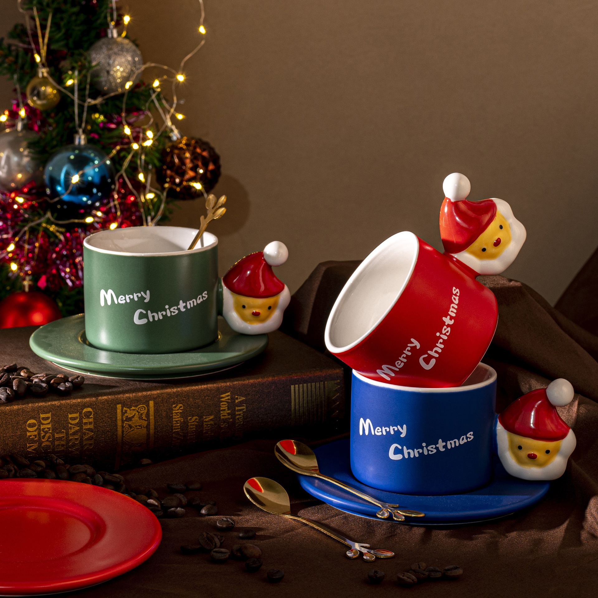 Creativo regalo de Navidad Red rojo de alto aspecto té de la tarde taza de café taza personalizada, plato y cuchara taza de combinación