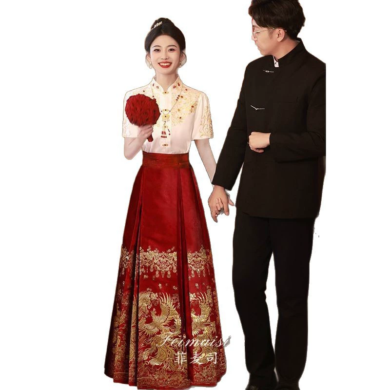 Set, evening dress, wedding dress for bride, plus size, Chinese style, with embroidery