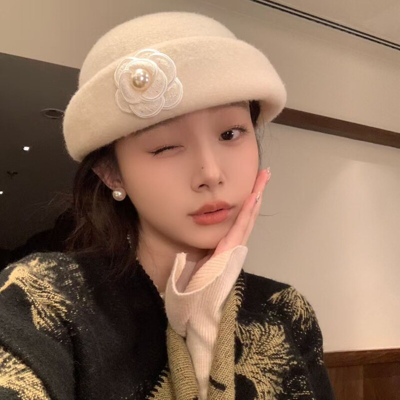 法式羊毛白色礼帽女秋冬赫本风优雅珍珠千金帽子女感贝雷帽显脸小|undefined