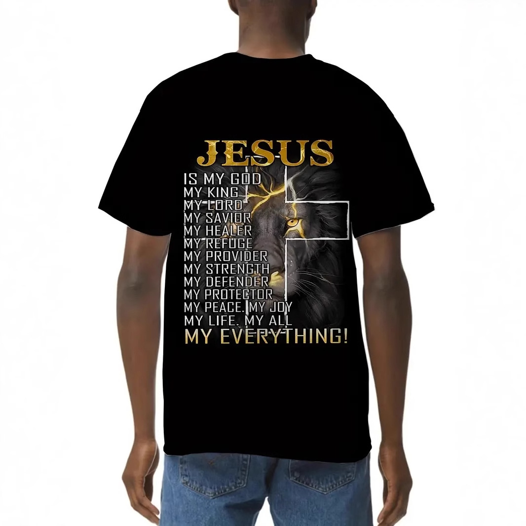 Lightning Lion Pascua Jesús Lema 3D Impreso Moda de verano para hombres Camiseta suelta transpirable de manga corta con cuello redondo