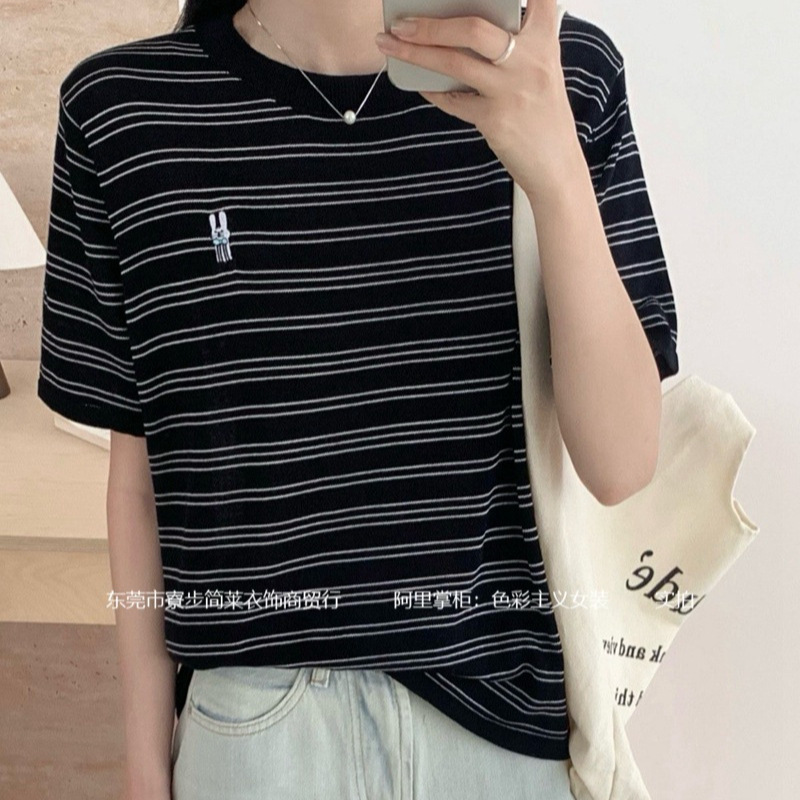 High-end Soft Tencel ~ Cartoon Rabbit Embroidered Knitwear Loose Casual All-match Striped Color Matching Top T-shirt for Women
