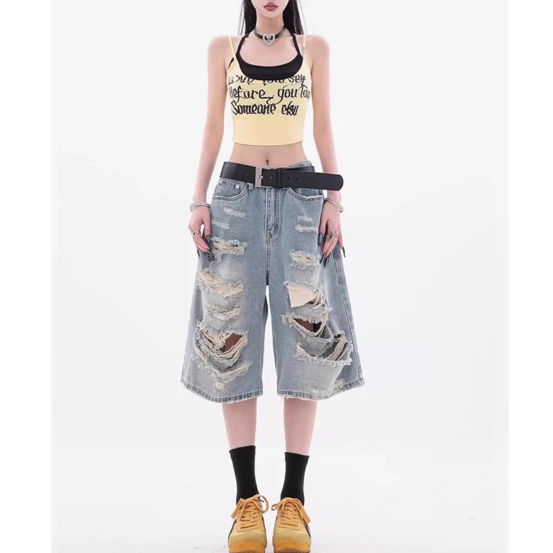 2025 New Summer Style American Street Ripped Design Loose Denim Shorts Women's Loose Five-Point Pants