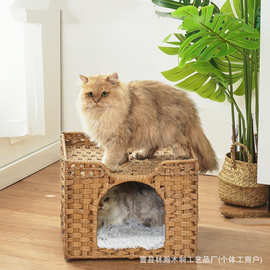 跨境木质猫窝手工编织四季通用宠物窝半封闭式狗窝房子猫吊床猫窝