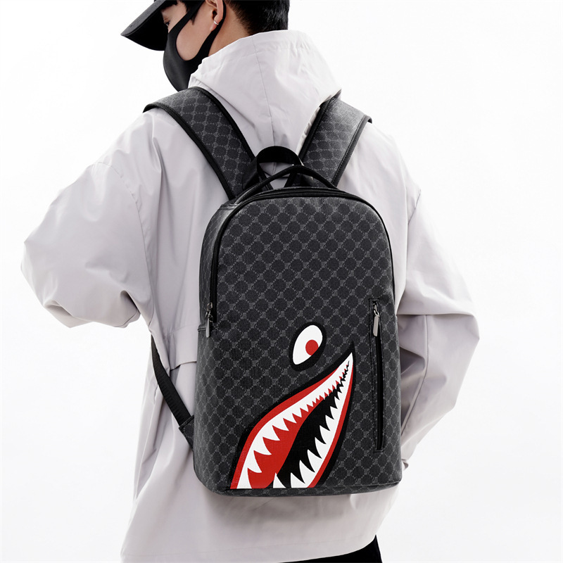 新しいシンプルな個性ファッションサメバックパックメンズバックパックチェック柄高校生大学生バッグコンピュータバックパック|undefined