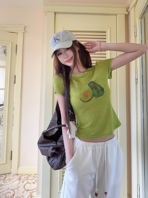 美しい花糸フルーツプリントラウンドネック半袖Tシャツレディース2025夏新作万能ショートシャツトップ|undefined