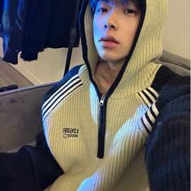 半拉链毛衣男秋冬季日系复古宽松针织衫拼接撞色慵懒风毛线衣外套