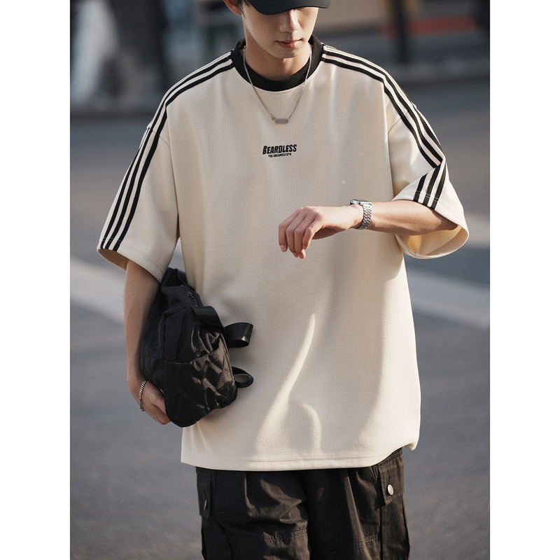 Waffleted T-shirt Men's Summer Loose Casual Striped Sports Top American Retro Trendy Brand High Street Short-sleeved T-shirt