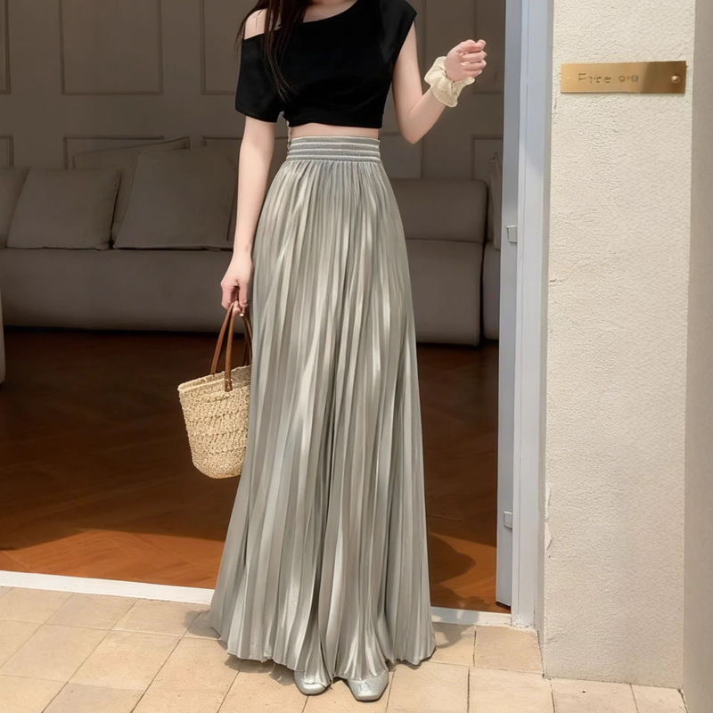 Chic Metallic Satin Pleated A-Line Skirt with Accordion Pleats, Retro High-Waisted Long Skirt with a Hong Kong Vibe, Cross-Border