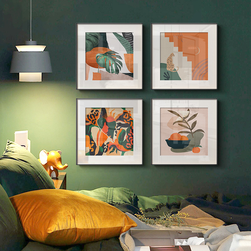简约北欧热带植物橘野水彩花瓶正方形橙色客厅装饰画图片画芯喷绘