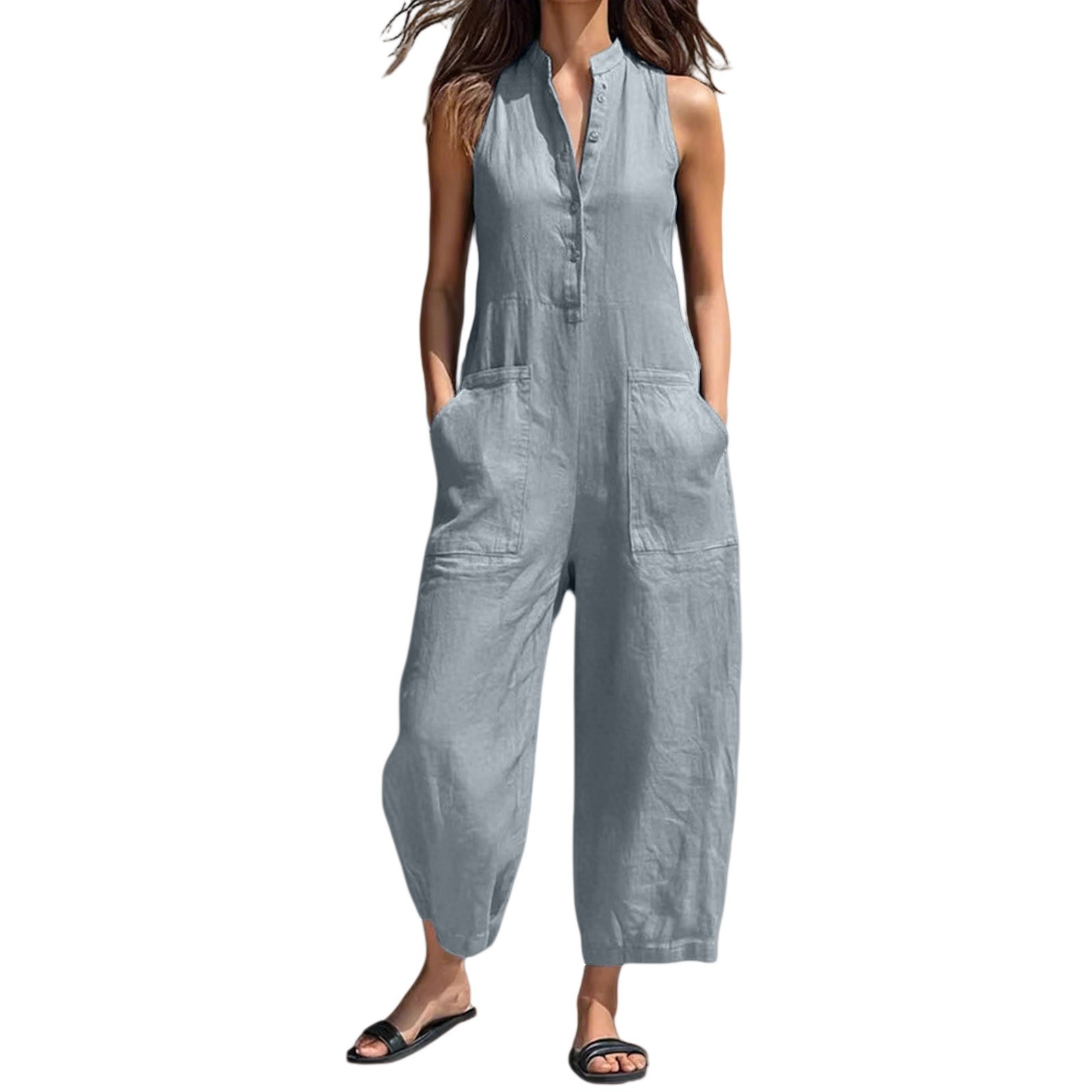 Women's Casual Sleeveless Stand Collar Jumpsuit With Pockets_voghion.com