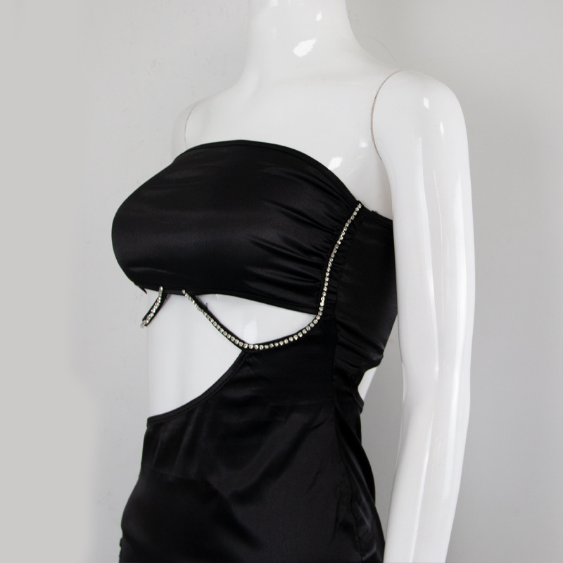 Spring Summer Sexy Drill Chain Decorative Side Slit Lace-up Cutout Women Sheath Dress