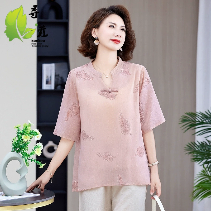 Мама одеваются 2025 летний новый национальный стиль топ футболка рубашка среднего и пожилого возраста женская свободная рубашка