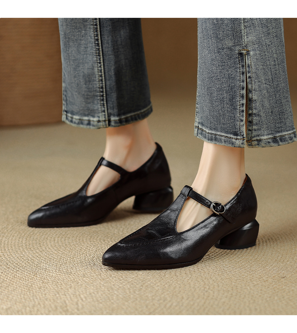 Giày Mary Jane nữ mũi nhọn quai T-khóa da cừu gót 4 cm — màu nâu chi tiết 7
