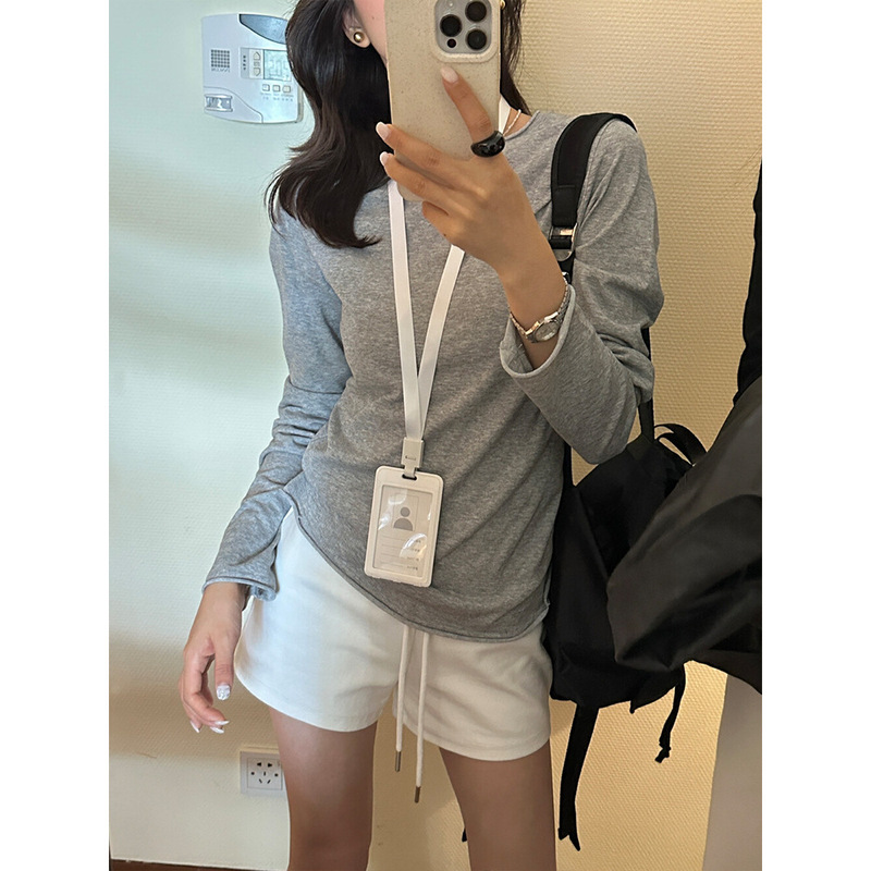 温柔紫色薄款正肩长袖T恤女春秋季内搭修身显瘦打底衫上衣防晒衫|undefined