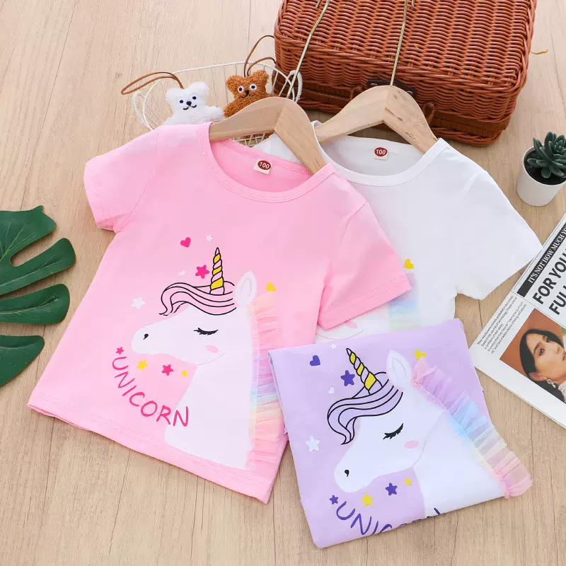 女童圆领上衣25新款彩虹独角兽印花短袖t恤儿童百搭夏装中童跨境