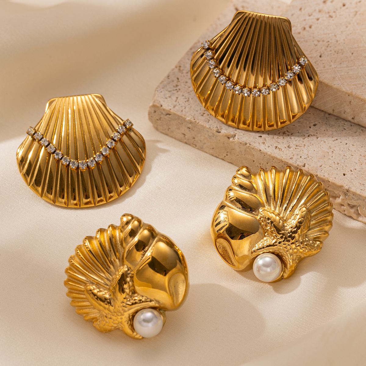TENA Europa y los Estados Unidos transfronterizos de acero inoxidable marino pernos de conchas de lujo ligero de alto nivel con diamantes conchas de estrellas de mar pendientes para mujeres