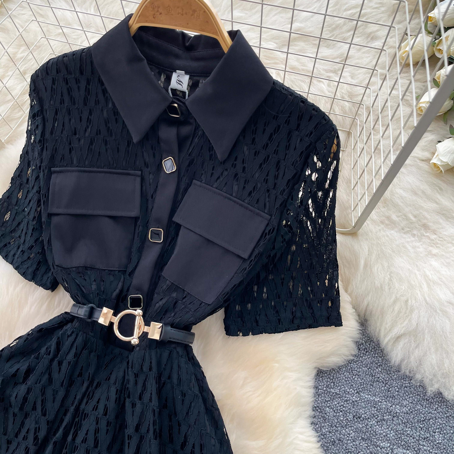 French-Inspired Lace Dress With Tie Waist - Elegant Black A-Line Midi Dress For Women_ecoleips.com