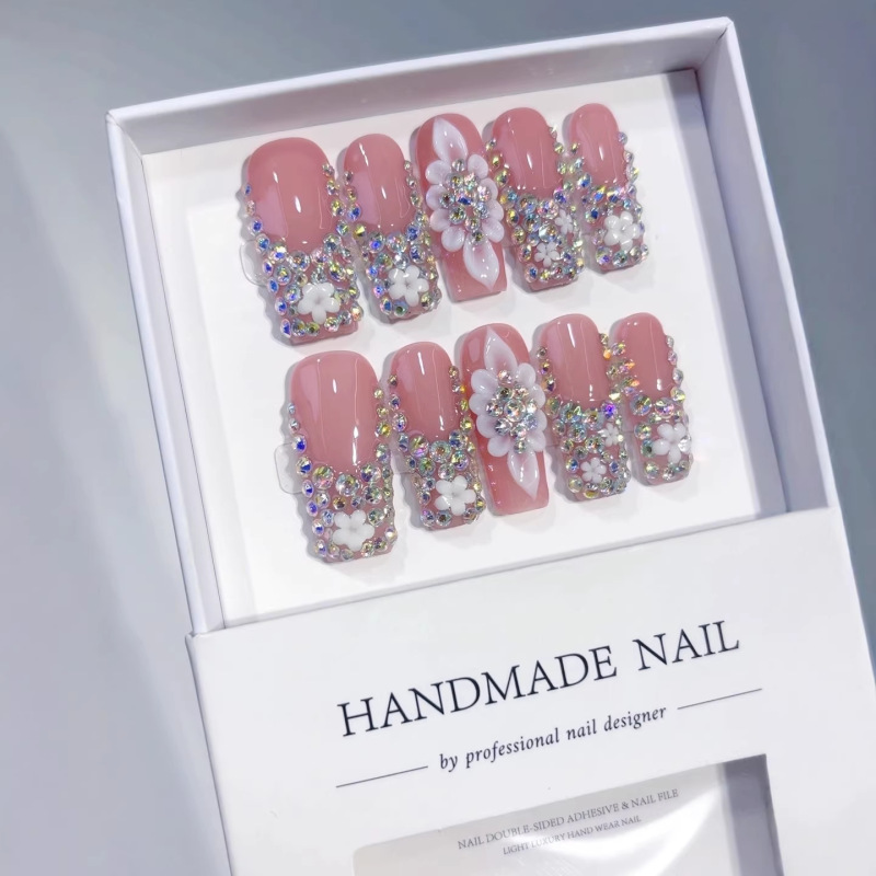 European and American Hot-Selling Mid-Length Carved Water Pipe Nail Stickers, French-Style Small Diamond Sparkling Wearable Nails, Pure Handmade with a High-End Feel European and American Hot-Selling Mid-Length Carved Water Pipe Nail Stickers, French-Style Small Diamond Sparkling Wearable Nails, Pure Handmade with a High-End Feel