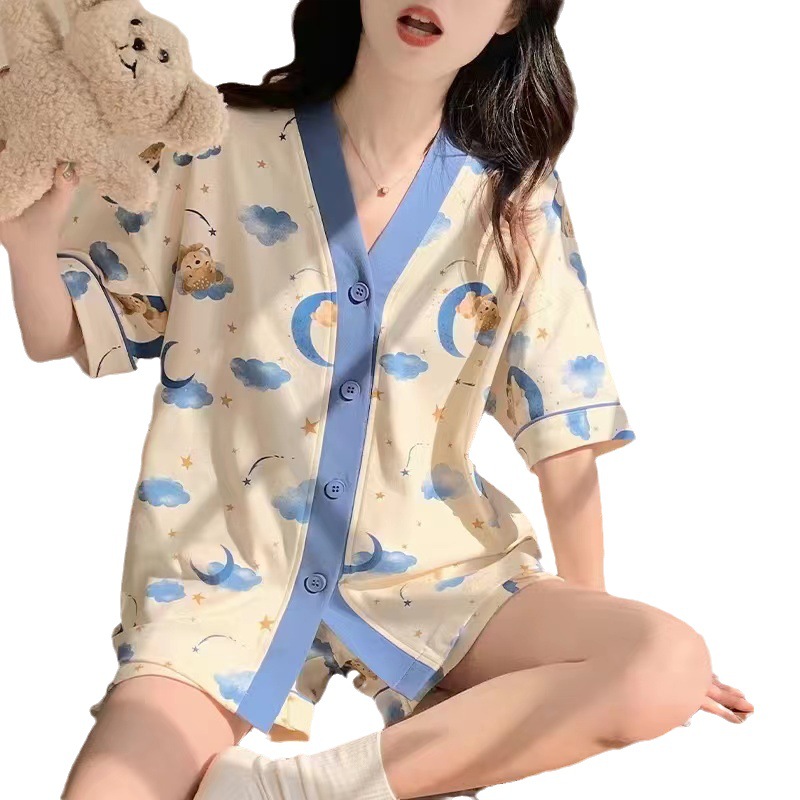 Pijamas de verano de las mujeres nuevo cardigan pantalones cortos de manga corta lindo estilo Chanel desgaste al aire libre desgaste del hogar del verano traje de dos piezas
