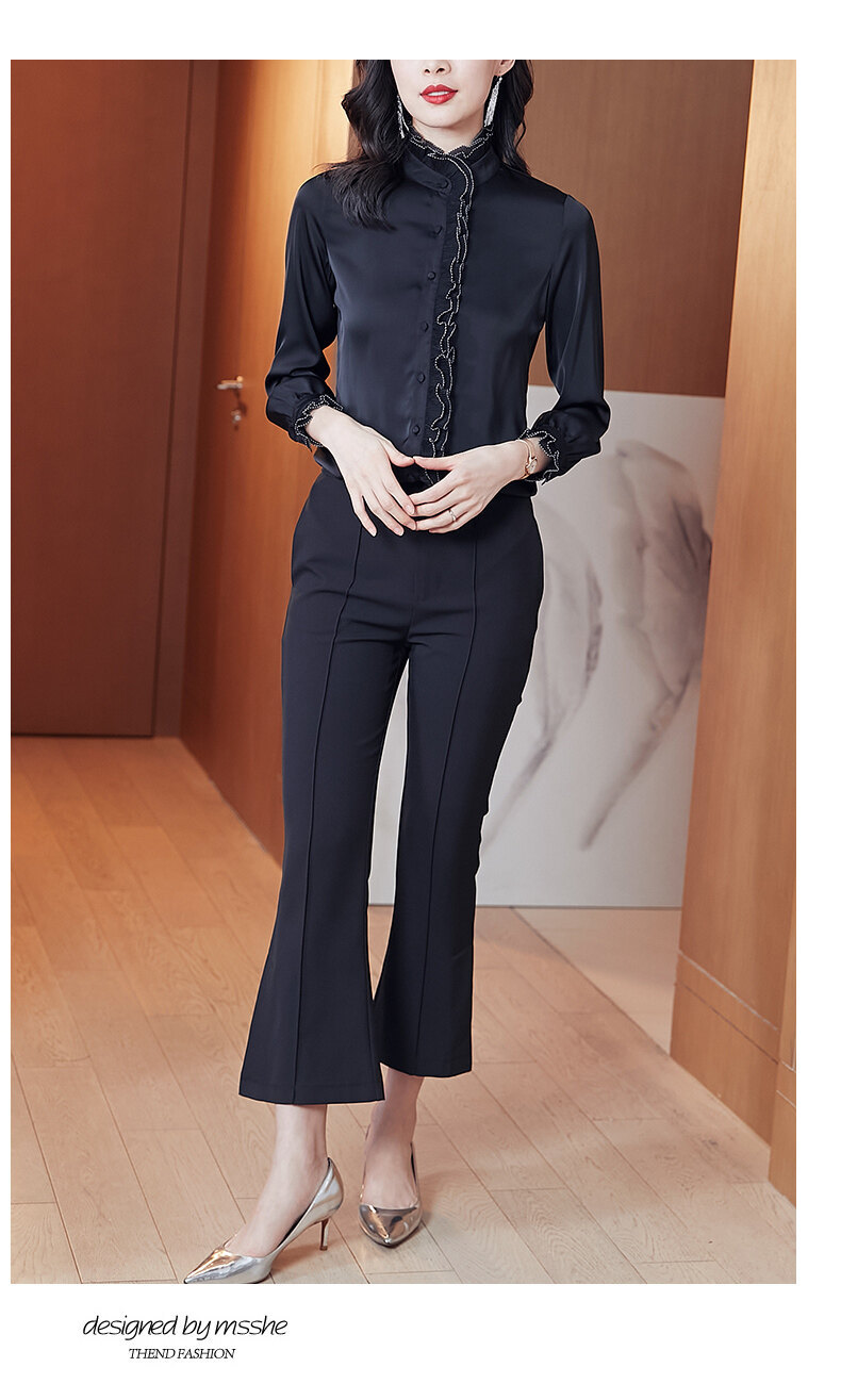 Satin chiffon stand-up collar, black ear-trimmed shirt for women, long-sleeved 2022 new Spring and autumn style, lace pic 12