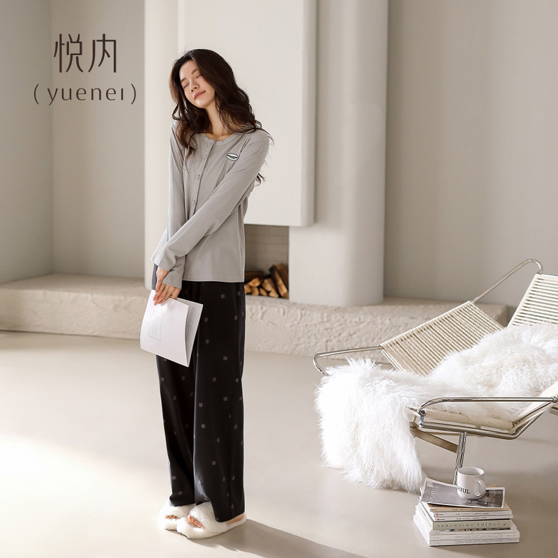 悦内睡衣女春秋季秋款纯棉长袖长裤家居服休闲开衫套装可外穿出门|undefined