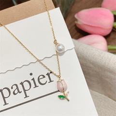 韓國鬱金香珍珠項鍊輕奢小眾吊墜高級設計感小眾鎖骨鏈頸鏈女清新