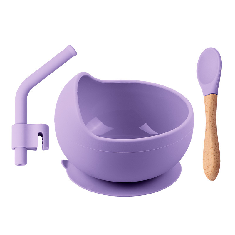 구형 실리콘 그릇 [퍼플] + 나무 손잡이 스푼 + 빨대
